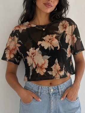 Papaya Black Mesh Floral Top